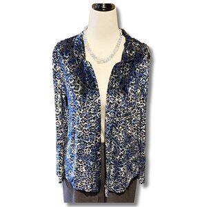 TANJAY Blue black abstract animal print burnout velvet cardigan SMALL MEDIUM